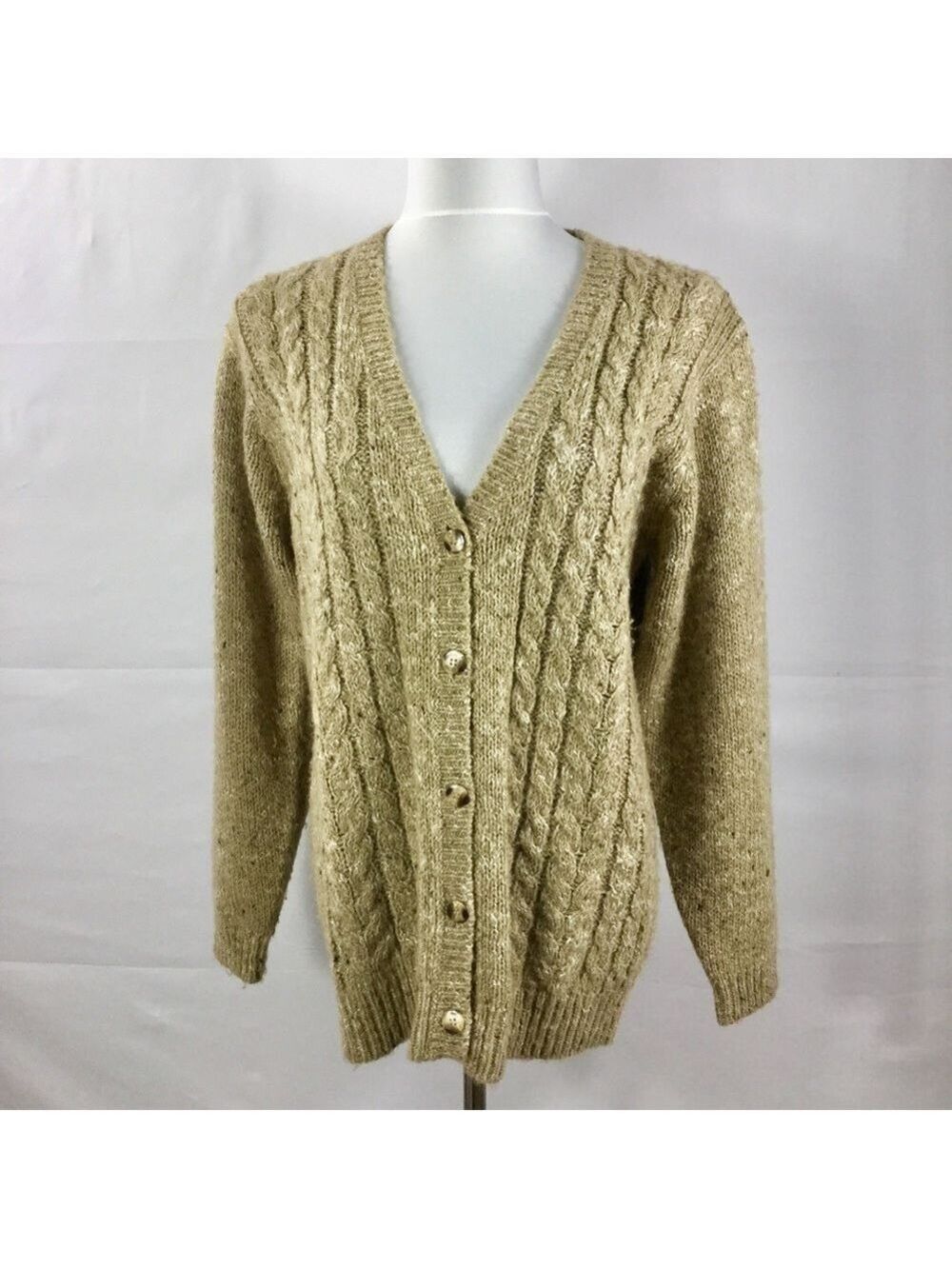 Vintage Alison Craig Wool Blend Cable Knit Button Front Cardigan Sweater Size M